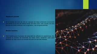 Modelo en cascada
 En el modelo de ciclo de vida en cascada las fases anteriores funcionarán
una detrás de la otra de manera lineal. De este modo, solo cuando una fase
termine se podrá continuar con la siguiente, y así progresivamente.
Modelo repetitivo
 Este modelo guía el proceso de desarrollo de software en repeticiones. Así,
proyecta el proceso de desarrollo de modo cíclico repitiendo cada paso
después de cada ciclo en el proceso de ciclo de vida del software.
 