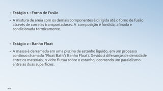 • Estágio 1 : Forno de Fusão
• A mistura de areia com os demais componentes é dirigida até o forno de fusão
através de correias transportadoras. A composição é fundida, afinada e
condicionada termicamente.
• Estágio 2 : Banho Float
• A massa é derramada em uma piscina de estanho líquido, em um processo
contínuo chamado "Float Bath"( Banho Float). Devido à diferanças de densidade
entre os materiais, o vidro flutua sobre o estanho, ocorrendo um paralelismo
entre as duas superfícies.
ana
 