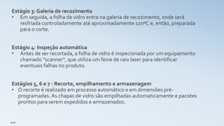 Estágio 3: Galeria de recozimento
• Em seguida, a folha de vidro entra na galeria de recozimento, onde será
resfriada controladamente até aproximadamente 120ºC e, então, preparada
para o corte.
Estágio 4: Inspeção automática
• Antes de ser recortada, a folha de vidro é inspecionada por um equipamento
chamado "scanner", que utiliza um feixe de raio laser para identificar
eventuais falhas no produto.
Estágios 5, 6 e 7 : Recorte, empilhamento e armazenagem
• O recorte é realizado em processo automático e em dimensões pré-
programadas.As chapas de vidro são empilhadas automaticamente e pacotes
prontos para serem expedidos e armazenados.
ana
 