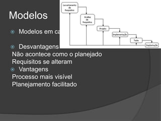 Modelos
 Modelos em cascata
 Desvantagens
Não acontece como o planejado
Requisitos se alteram
 Vantagens
Processo mais visível
Planejamento facilitado
 
