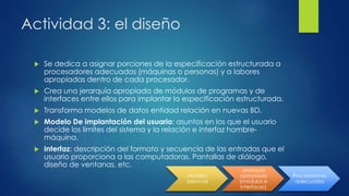 Actividad 3: el diseño
 Se dedica a asignar porciones de la especificación estructurada a
procesadores adecuados (máquinas o personas) y a labores
apropiadas dentro de cada procesador.
 Crea una jerarquía apropiada de módulos de programas y de
interfaces entre ellos para implantar la especificación estructurada.
 Transforma modelos de datos entidad relación en nuevas BD.
 Modelo De implantación del usuario: asuntos en los que el usuario
decide los límites del sistema y la relación e interfaz hombre-
máquina.
 Interfaz: descripción del formato y secuencia de las entradas que el
usuario proporciona a las computadoras. Pantallas de diálogo,
diseño de ventanas, etc.
Modelo
esencial
Jerarquía
apropiada
(módulos e
interfaces)
Procesadores
adecuados
 
