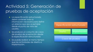 Actividad 5: Generación de
pruebas de aceptación
 La especificación estructurada
debe contener toda la
información necesaria para definir
un sistema que sea aceptable
desde el punto de vista del
usuario.
 Se produce un conjunto de casos
de prueba de aceptación desde
la especificación estructurada
 Se puede realizar al mismo tiempo
que las actividades de diseño e
implantación.
Especificación estructurada
Diseño Implantación
Casos de prueba
 