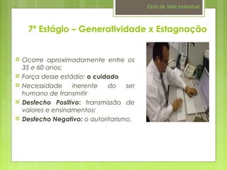 7º Estágio – Generatividade x Estagnação 
 Ocorre aproximadamente entre os 
35 e 60 anos; 
 Força desse estádio: o cuidado 
 Necessidade inerente do ser 
humano de transmitir 
 Desfecho Positivo: transmissão de 
valores e ensinamentos; 
 Desfecho Negativo: o autoritarismo. 
Ciclo de Vida Individual 
 