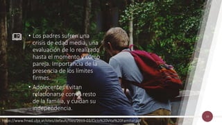 • Los padres sufren una
crisis de edad media, una
evaluación de lo realizado
hasta el momento y como
pareja. Importancia de la
presencia de los límites
firmes.
• Adolecentes Evitan
relacionarse con el resto
de la familia, y cuidan su
independencia.
.
19
https://www.fmed.uba.ar/sites/default/files/2019-03/Ciclo%20Vital%20Familiar.pdf
 