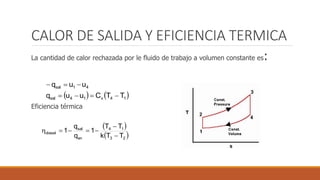 CALOR DE SALIDA Y EFICIENCIA TERMICA
La cantidad de calor rechazada por le fluido de trabajo a volumen constante es:
Eficiencia térmica
   14v14sal
41sal
TTCuuq
uuq


 
 23
14
en
sal
diesel
TTk
TT
1
q
q
1



 