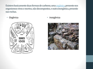 Existem basicamente duas formas de carbono, uma orgânica, presente nos 
organismos vivos e mortos, não decompostos, e outra inorgânica, presente 
nas rochas. 
• Orgânica • inorgânica 
 