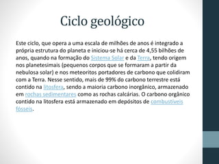Ciclo geológico 
Este ciclo, que opera a uma escala de milhões de anos é integrado a 
própria estrutura do planeta e iniciou-se há cerca de 4,55 bilhões de 
anos, quando na formação do Sistema Solar e da Terra, tendo origem 
nos planetesimais (pequenos corpos que se formaram a partir da 
nebulosa solar) e nos meteoritos portadores de carbono que colidiram 
com a Terra. Nesse sentido, mais de 99% do carbono terrestre está 
contido na litosfera, sendo a maioria carbono inorgânico, armazenado 
em rochas sedimentares como as rochas calcárias. O carbono orgânico 
contido na litosfera está armazenado em depósitos de combustíveis 
fósseis. 
 