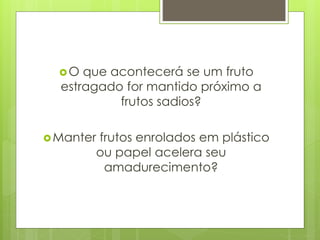 O que acontecerá se um fruto
estragado for mantido próximo a
frutos sadios?
Manter frutos enrolados em plástico
ou papel acelera seu
amadurecimento?
 