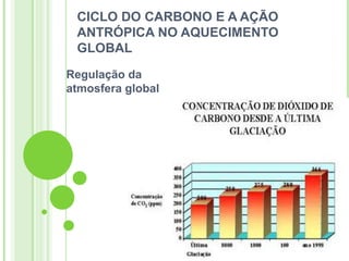 CICLO DO CARBONO E A AÇÃO
 ANTRÓPICA NO AQUECIMENTO
 GLOBAL
Regulação da
atmosfera global
 