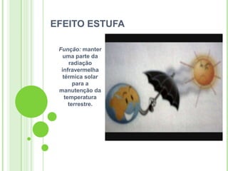 EFEITO ESTUFA

 Função: manter
   uma parte da
      radiação
  infravermelha
   térmica solar
        para a
 manutenção da
    temperatura
      terrestre.
 