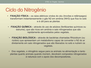 ETEC Jd. Ângela - Quimica 
Ciclo do Nitrogênio 
• FIXAÇÃO FÍSICA – os raios elétricos vindos do céu (trovões e relâmpagos) 
transformam instantaneamente o gás N2 em amônia (NH3) que fica no solo 
e é útil para as plantas 
• FIXAÇÃO QUÍMICA – através do uso de adubos (fertilizantes químicos ou 
estrume), que são ricos em amônia e sais nitrogenados que são 
rapidamente aproveitados pelos vegetais. 
• FIXAÇÃO BIOLÓGICA – através de bactérias chamadas Rhizobium (ou 
rizóbio) que apresentam um metabolismo capaz de converter o N2 do ar 
diretamente em sais nitrogenados que são liberados no solo e nutrem os 
vegetais. 
• Dos vegetais, o nitrogênio segue para os animais na alimentação e tanto 
plantas quanto animais quando morrem, devolvem compostos nitrogenados 
à natureza com o apoio dos decompositores. 
 