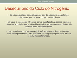ETEC Jd. Ângela - Quimica 
Desequilíbrio do Ciclo do Nitrogênio 
• Se não aproveitado pelas plantas, os sais de nitrogênio são potentes 
poluidores (tanto da água, do solo, quanto do ar). 
• Na água, o excesso de nitrogênio gera a eutrofização, processo na qual a 
água fica imprópria para a sobrevida aquática graças ao excesso de comida 
deixada pelos habitantes locais. 
• No corpo humano, o excesso de nitrogênio gera uma doença chamada 
meta-hemoglobulinemia, uma desordem do sangue que pode levar a morte 
o indivíduo contaminado. 
 