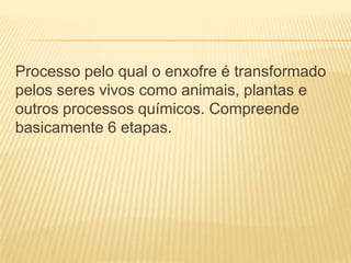 Processo pelo qual o enxofre é transformado
pelos seres vivos como animais, plantas e
outros processos químicos. Compreende
basicamente 6 etapas.
 