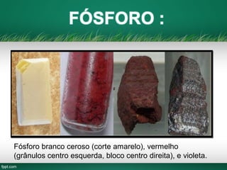 Fósforo branco ceroso (corte amarelo), vermelho
(grânulos centro esquerda, bloco centro direita), e violeta.
 