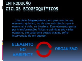 INTRODUÇÃO
CICLOS BIOGEOQUÍMICOS
Um ciclo biogeoquímico é o percurso de um
elemento químico, ou de uma substância, que é
essencial à vida, na biosfera. Esse elemento passa
por transformações físicas e químicas sob várias
etapas e, em cada uma dessas etapas, sofre
intervenção de um agente.

ELEMENTO
NO
AMBIENTE

ORGANISMO

 