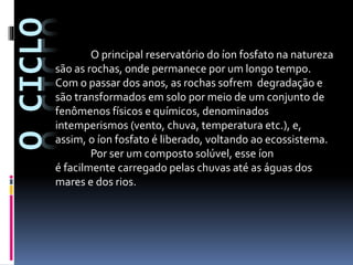 O CICLO

O principal reservatório do íon fosfato na natureza
são as rochas, onde permanece por um longo tempo.
Com o passar dos anos, as rochas sofrem degradação e
são transformados em solo por meio de um conjunto de
fenômenos físicos e químicos, denominados
intemperismos (vento, chuva, temperatura etc.), e,
assim, o íon fosfato é liberado, voltando ao ecossistema.
Por ser um composto solúvel, esse íon
é facilmente carregado pelas chuvas até as águas dos
mares e dos rios.

 
