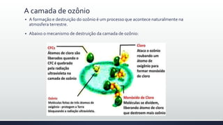 A camada de ozônio
 A formação e destruição do ozônio é um processo que acontece naturalmente na
atmosfera terrestre.
 Abaixo o mecanismo de destruição da camada de ozônio:
 