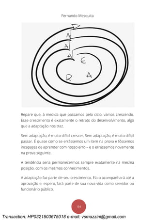 Fernando Mesquita
154
Repare que, à medida que passamos pelo ciclo, vamos crescendo.
Esse crescimento é exatamente o retrato do desenvolvimento, algo
que a adaptação nos traz.
Sem adaptação, é muito difícil crescer. Sem adaptação, é muito difícil
passar. É quase como se errássemos um item na prova e fôssemos
incapazes de aprender com nosso erro – e o errássemos novamente
na prova seguinte.
A tendência seria permanecermos sempre exatamente na mesma
posição, com os mesmos conhecimentos.
A adaptação faz parte de seu crescimento. Ela o acompanhará até a
aprovação e, espero, fará parte de sua nova vida como servidor ou
funcionário público.
Transaction: HP0321503675018 e-mail: vsmazzini@gmail.com
 