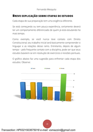 Fernando Mesquita
20
BREVE EXPLICAÇÃO SOBRE ETAPAS DE ESTUDOS
Cada etapa de sua preparação tem uma exigência diferente.
Se está começando ou tem pouca experiência, certamente deverá
ter um comportamento diferenciado de quem já está estudando há
mais tempo.
Como exemplo, se você nunca teve contato com Direito
Constitucional, seu trabalho inicial será basicamente compreender o
linguajar e as relações desse ramo. Entretanto, depois de algum
tempo – pelo frequente contato com a disciplina, pode ser que seus
estudos baseiem-se em resolução de exercícios e revisões pontuais.
O gráfico abaixo faz uma sugestão para enfrentar cada etapa dos
estudos. Observe:
Transaction: HP0321503675018 e-mail: vsmazzini@gmail.com
 