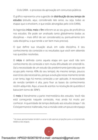 Ciclo EARA - o processo da aprovação em concursos públicos
21
O gráfico representa uma sugestão de distribuição do seu tempo de
estudos (estudo, aqui, considerado lato senso, ou seja, todas as
etapas que o envolvem, e que estão abrangidas pelo ciclo EARA).
As legendas início, meio e fim referem-se ao seu grau de proficiência
nos estudos. Ele pode ser analisado tanto globalmente (todas as
disciplinas – mais difícil de ser considerado) ou pontualmente (em
cada disciplina, o que tende a ser bem mais preciso).
O que define sua situação atual, em cada disciplina, é seu
conhecimento do conteúdo e os resultados que você vem obtendo
nas questões resolvidas.
O início é definido como aquela etapa em que você não tem
conhecimento do conteúdo e tem muita dificuldade em entendê-lo.
Daí a necessidade de um estudo tão predominante (perceba que ele
ocupa pelo menos 40% do seu tempo). Ao mesmo tempo, poucos
exercícios são necessários, porque a evolução nesse momento tende
a ser lenta, logo há menos conteúdo a ser aplicado. A necessidade
de revisão também é alta, para fixar as bases do conhecimento
recém-adquirido. Aqui, a taxa de acertos na resolução de questões é
baixa (em torno de 30%6
).
O meio é literalmente a parte intermediária dos estudos. Você não
está começando naquele conteúdo, mas ainda há muito por
conhecer. A quantidade de tempo dedicado aos estudos (etapa 1 do
Ciclo) permanece inalterada, mas a revisão cede um pouco de espaço
6
As taxas apresentadas tendem a variar e são apenas projeções para a compreensão
didática das etapas.
Transaction: HP0321503675018 e-mail: vsmazzini@gmail.com
 