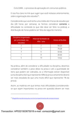Ciclo EARA - o processo da aprovação em concursos públicos
47
E isso fica claro no link que sugeri que você visitasse anteriormente,
sobre organização dos estudos24
.
Considerando que você tenha uma média de 4 horas de estudos por
dia (28 horas por semana), se formos considerar somente a
dificuldade no conteúdo (o que não deve ser feito na prática), a
distribuição de horas poderia ser feita da seguinte maneira:
Disciplina (organizada
por prioridade nos
estudos)
Nível de facilidade de
Alfa 1 ano
Horas atribuídas
2 2 9h20
4 5 7h28
3 6 5h36
1 8 3h44
5 10 1h52
Na prática, além de considerar a dificuldade na disciplina, devemos
considerar também o peso delas na prova e até a quantidade de
itens que podem ser cobrados, se a informação estiver disponível
(uma disciplina fácil que represente 40% da prova certamente deverá
ser mais estudada do que uma muito difícil que represente 1% da
prova).
Assim, as matérias em que temos mais dificuldades (considerando-
se que sejam importantes na prova em questão) devem ser mais
24
Blogdofernandomesquita.com.br/compartimento-de-compromissos
Transaction: HP0321503675018 e-mail: vsmazzini@gmail.com
 