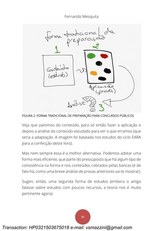 Fernando Mesquita
96
FIGURA 2: FORMA TRADICIONAL DE PREPARAÇÃO PARA CONCURSOS PÚBLICOS
Veja que partimos do conteúdo, para só então fazer a aplicação e
depois a análise do conteúdo estudado para ver o que erramos (que
seria a adaptação. A imagem foi baseada nos estudos do ciclo EARA
para a confecção deste livro).
Mas nem sempre essa é a melhor alternativa. Podemos adotar uma
forma mais eficiente, que parte do pressuposto que há algum tipo de
consistência na forma e nos conteúdos cobrados pelas bancas (e de
fato há, como uma breve análise de provas anteriores vai te mostrar).
Sugeri, então, uma segunda forma de estudos (embora o artigo
falasse sobre estudos com poucos recursos, a teoria nos é muito
pertinente agora):
Transaction: HP0321503675018 e-mail: vsmazzini@gmail.com
 