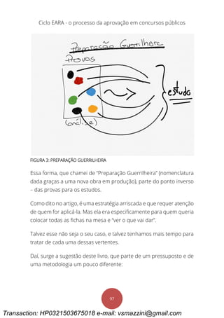 Ciclo EARA - o processo da aprovação em concursos públicos
97
FIGURA 3: PREPARAÇÃO GUERRILHEIRA
Essa forma, que chamei de “Preparação Guerrilheira” (nomenclatura
dada graças a uma nova obra em produção), parte do ponto inverso
– das provas para os estudos.
Como dito no artigo, é uma estratégia arriscada e que requer atenção
de quem for aplicá-la. Mas ela era especificamente para quem queria
colocar todas as fichas na mesa e “ver o que vai dar”.
Talvez esse não seja o seu caso, e talvez tenhamos mais tempo para
tratar de cada uma dessas vertentes.
Daí, surge a sugestão deste livro, que parte de um pressuposto e de
uma metodologia um pouco diferente:
Transaction: HP0321503675018 e-mail: vsmazzini@gmail.com
 