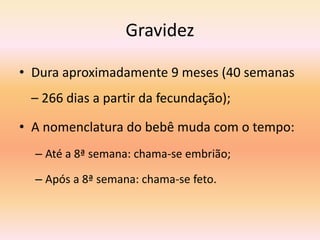 Gravidez
• Dura aproximadamente 9 meses (40 semanas
– 266 dias a partir da fecundação);
• A nomenclatura do bebê muda com o tempo:
– Até a 8ª semana: chama-se embrião;
– Após a 8ª semana: chama-se feto.
 
