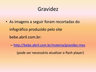 Gravidez
• As imagens a seguir foram recortadas do
infográfico produzido pelo site
bebe.abril.com.br:
– http://bebe.abril.com.br/materia/gravidez-mes
(pode ser necessário atualizar o flash player)
 