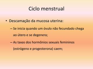 Ciclo menstrual
• Descamação da mucosa uterina:
– Se inicia quando um óvulo não fecundado chega
ao útero e se degenera;
– As taxas dos hormônios sexuais femininos
(estrógeno e progesterona) caem;
 