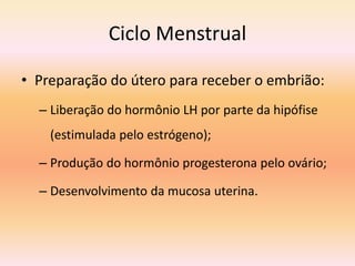 Ciclo Menstrual
• Preparação do útero para receber o embrião:
– Liberação do hormônio LH por parte da hipófise
(estimulada pelo estrógeno);
– Produção do hormônio progesterona pelo ovário;
– Desenvolvimento da mucosa uterina.
 