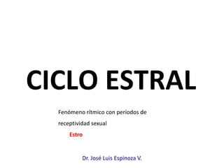 CICLO ESTRAL
  Fenómeno rítmico con períodos de
  receptividad sexual
      Estro


           Dr. José Luis Espinoza V.
 