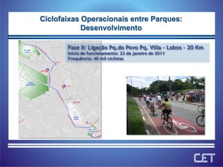 Ciclofaixas Operacionais entre Parques:DesenvolvimentoFase II: Ligação Pq.do Povo Pq. Villa – Lobos – 20 KmInício de funcionamento: 23 de janeiro de 2011Frequência: 40 mil ciclistas