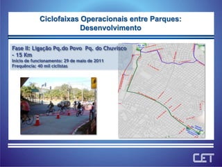 Ciclofaixas Operacionais entre Parques:DesenvolvimentoFase II: Ligação Pq.do Povo  Pq. do Chuvisco – 15 Km                                        Início de funcionamento: 29 de maio de 2011Frequência: 40 mil ciclistas