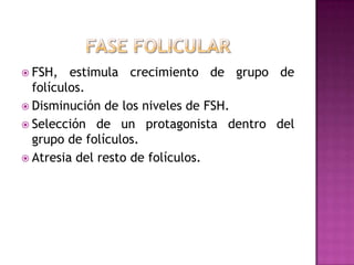  FSH, estimula crecimiento de grupo de
folículos.
 Disminución de los niveles de FSH.
 Selección de un protagonista dentro del
grupo de folículos.
 Atresia del resto de folículos.
 