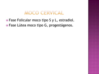  Fase Folicular moco tipo S y L, estradiol.
 Fase Lútea moco tipo G, progestágenos.
 