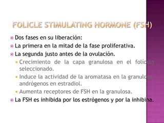  Dos fases en su liberación:
 La primera en la mitad de la fase proliferativa.
 La segunda justo antes de la ovulación.
 Crecimiento de la capa granulosa en el folículo
seleccionado.
 Induce la actividad de la aromatasa en la granulosa,
andrógenos en estradiol.
 Aumenta receptores de FSH en la granulosa.
 La FSH es inhibida por los estrógenos y por la inhibina.
 