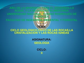 AÑO DE LA INVERSIÓN PARA EL DESARROLLO
RURAL Y LA SEGURIDAD ALIMENTARIA
UNIVERSIDAD NACIONAL TORIBIO RODRIGUES DE
MENDOZA
FACULTAD DE INGENIERIA AMBIENTAL Y FORESTAL
TEMA:
CICLO GEOLOGICO,CICLO DE LAS ROCAS,LA
CRISTALIZACION Y LAS ROCAS IGNEAS
ASIGNATURA:
GEOLOGIA
CICLO:
II
 