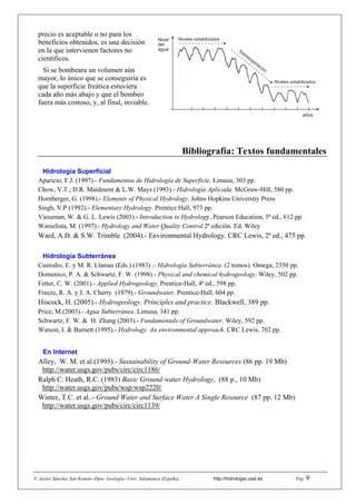 F. Javier Sánchez San Román--Dpto. Geología--Univ. Salamanca (España) http://hidrologia.usal.es . Pág. 9
precio es aceptable o no para los
beneficios obtenidos, es una decisión
en la que intervienen factores no
científicos.
Si se bombeara un volumen aún
mayor, lo único que se conseguiría es
que la superficie freática estuviera
cada año más abajo y que el bombeo
fuera más costoso, y, al final, inviable.
Bibliografía: Textos fundamentales
Hidrología Superficial
Aparicio, F.J. (1997).- Fundamentos de Hidrología de Superficie. Limusa, 303 pp.
Chow, V.T.; D.R. Maidment & L.W. Mays (1993).- Hidrología Aplicada. McGraw-Hill, 580 pp.
Hornberger, G. (1998).- Elements of Physical Hydrology. Johns Hopkins Universtiy Press
Singh, V.P (1992).- Elementary Hydrology. Prentice Hall, 973 pp.
Viessman, W. & G. L. Lewis (2003).- Introduction to Hydrology. Pearson Education, 5ª ed., 612 pp.
Wanielista, M. (1997).- Hydrology and Water Quality Control 2ª edición. Ed. Wiley
Ward, A.D. & S.W. Trimble (2004).- Environmental Hydrology. CRC Lewis, 2ª ed., 475 pp.
Hidrología Subterránea
Custodio, E. y M. R. Llamas (Eds.) (1983) .- Hidrología Subterránea. (2 tomos). Omega, 2350 pp.
Domenico, P. A. & Schwartz, F. W. (1998).- Physical and chemical hydrogeology. Wiley, 502 pp.
Fetter, C. W. (2001).- Applied Hydrogeology. Prentice-Hall, 4ª ed., 598 pp.
Freeze, R. A. y J. A. Cherry (1979).- Groundwater. Prentice-Hall, 604 pp.
Hiscock, H. (2005).- Hydrogeology. Principles and practice. Blackwell, 389 pp.
Price, M.(2003).- Agua Subterránea. Limusa, 341 pp.
Schwartz, F. W. & H. Zhang (2003).- Fundamentals of Groundwater. Wiley, 592 pp.
Watson, I. & Burnett (1995).- Hydrology. An environmental approach. CRC Lewis, 702 pp.
En Internet
Alley, W. M. et al.(1995).- Sustainability of Ground-Water Resources (86 pp. 19 Mb)
http://water.usgs.gov/pubs/circ/circ1186/
Ralph C. Heath, R.C. (1983) Basic Ground-water Hydrology, (88 p., 10 Mb)
http://water.usgs.gov/pubs/wsp/wsp2220/
Winter, T.C. et al..- Ground Water and Surface Water A Single Resource (87 pp. 12 Mb)
http://water.usgs.gov/pubs/circ/circ1139/
Nivel
del
agua
años
Sobreexplotación
Niveles estabilizados
Niveles estabilizados
 