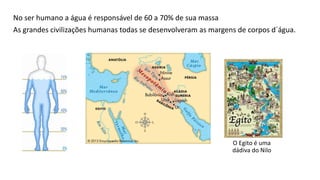 No ser humano a água é responsável de 60 a 70% de sua massa
As grandes civilizações humanas todas se desenvolveram as margens de corpos d´água.
O Egito é uma
dádiva do Nilo
 