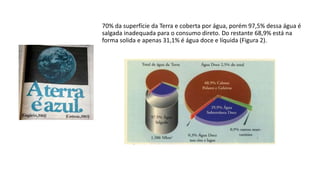 70% da superfície da Terra e coberta por água, porém 97,5% dessa água é
salgada inadequada para o consumo direto. Do restante 68,9% está na
forma solida e apenas 31,1% é água doce e líquida (Figura 2).
 