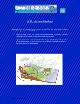 6º Circulación subterránea


Se produce a favor de la gravedad, como la escorrentía superficial, de la que se puede considerar
una versión. Se presenta en dos modalidades:

    -   Primero, la que se da en la zona vadosa, especialmente en rocas karstificadas, como son a
        menudo las calizas, y es una circulación siempre pendiente abajo.

    -   Segundo, la que ocurre en los acuíferos en forma de agua intersticial que llena los poros
        de una roca permeable, de la cual puede incluso remontar por fenómenos en los que
        intervienen la presión y la capilaridad.




    -




DANIEL RIVERA GARCIA
 