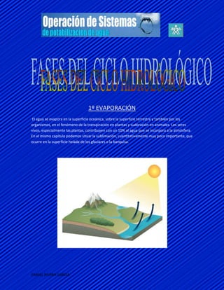 1º EVAPORACIÓN
 El agua se evapora en la superficie oceánica, sobre la superficie terrestre y también por los
organismos, en el fenómeno de la transpiración en plantas y sudoración en animales. Los seres
vivos, especialmente las plantas, contribuyen con un 10% al agua que se incorpora a la atmósfera.
En el mismo capítulo podemos situar la sublimación, cuantitativamente muy poco importante, que
ocurre en la superficie helada de los glaciares o la banquisa.




DANIEL RIVERA GARCIA
 