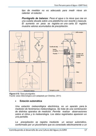 Foro Peruano para el Agua—GWP Perú
Contribuyendo al desarrollo de una Cultura del Agua y la GIRH 17
tipo de medidor no es adecuado para medir nieve sin
calentar el colector.
Pluviógrafo de balanza: Pesa el agua o la nieve que cae en
una cubeta situada sobre una plataforma con resorte o bascula.
El aumento en peso se registra en una carta. El registro
muestra valores acumulados de precipitación.
Figura 4.12. Tipos pluviógrafos.
Fuente: www.mitecnologico.com (adaptado por Ordoñez, 2011).
 Estación automática
Una estación meteorológica electrónica, es un aparato para la
medición de fenómenos meteorológicos. Se trata de una combinación
de distintos aparatos de medición. Permite realizar observaciones
sobre el clima y la meteorología. Los datos registrados aparecen en
una pantalla.
La precipitación se registra mediante un sensor automático,
conformado por un pluviómetro que es conectado eléctricamente a un
 