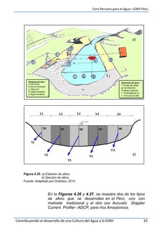 Foro Peruano para el Agua—GWP Perú
Contribuyendo al desarrollo de una Cultura del Agua y la GIRH 33
Elementos del aforo
a Carro huaro
Sección transversal
Cable carril
Caseta limnigráfica
Regla limnimétrica
b
c
d
e
Elementos del aforo
f Anclaje del cables
Correntómetro
Margen izquierda
Profundidad del río
Torre para el cable
g
h
i
j
Figura 4.25. a) Estación de aforo.
b) Sección de aforo.
Fuente: Adaptado por Ordoñez, 2012.
En la Figuras 4.26 y 4.27, se muestra dos de los tipos
de aforo que se desarrollan en el Perú, uno con
molinete tradicional y el otro con Acoustic Doppler
Current Profiler -ADCP, para ríos Amazónicos.
a)
b)
 