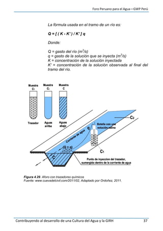 Foro Peruano para el Agua—GWP Perú
Contribuyendo al desarrollo de una Cultura del Agua y la GIRH 37
La fórmula usada en el tramo de un río es:
Q = [ ( K - K' ) / K' ] q
Donde:
Q = gasto del río (m3
/s)
q = gasto de la solución que se inyecta (m3
/s)
K = concentración de la solución inyectada
K' = concentración de la solución observada al final del
tramo del río.
Figura 4.29. Aforo con trazadores químicos
Fuente: www.cuevadelcivil.com/2011/02, Adaptado por Ordoñez, 2011.
 