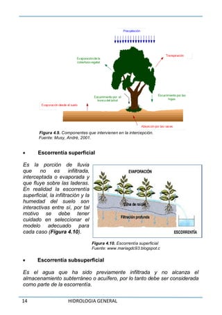 14 HIDROLOGIA GENERAL
Figura 4.9. Componentes que intervienen en la intercepción.
Fuente: Musy, André, 2001.
 Escorrentía superficial
Es la porción de lluvia
que no es infiltrada,
interceptada o evaporada y
que fluye sobre las laderas.
En realidad la escorrentía
superficial, la infiltración y la
humedad del suelo son
interactivas entre sí, por tal
motivo se debe tener
cuidado en seleccionar el
modelo adecuado para
cada caso (Figura 4.10).
Figura 4.10. Escorrentía superficial
Fuente: www.mariagdc93.blogspot.c
 Escorrentía subsuperficial
Es el agua que ha sido previamente infiltrada y no alcanza el
almacenamiento subterráneo o acuífero, por lo tanto debe ser considerada
como parte de la escorrentía.
 