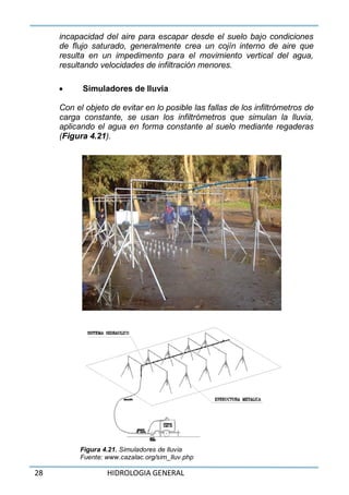 28 HIDROLOGIA GENERAL
incapacidad del aire para escapar desde el suelo bajo condiciones
de flujo saturado, generalmente crea un cojín interno de aire que
resulta en un impedimento para el movimiento vertical del agua,
resultando velocidades de infiltración menores.
 Simuladores de lluvia
Con el objeto de evitar en lo posible las fallas de los infiltrómetros de
carga constante, se usan los infiltrómetros que simulan la lluvia,
aplicando el agua en forma constante al suelo mediante regaderas
(Figura 4.21).
Figura 4.21. Simuladores de lluvia
Fuente: www.cazalac.org/sim_lluv.php
 