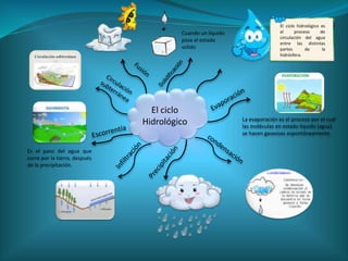 El ciclo
Hidrológico La evaporación es el proceso por el cual
las moléculas en estado liquido (agua)
se hacen gaseosas espontáneamente .
Es el paso del agua que
corre por la tierra, después
de la precipitación.
Cuando un liquido
pasa al estado
solido
El ciclo hidrológico es
el proceso de
circulación del agua
entre las distintas
partes de la
hidrósfera.
 