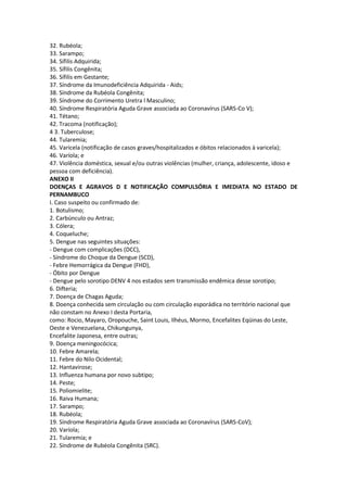 32. Rubéola;
33. Sarampo;
34. Sífilis Adquirida;
35. Sífilis Congênita;
36. Sífilis em Gestante;
37. Síndrome da Imunodeficiência Adquirida - Aids;
38. Síndrome da Rubéola Congênita;
39. Síndrome do Corrimento Uretra l Masculino;
40. Síndrome Respiratória Aguda Grave associada ao Coronavírus (SARS-Co V);
41. Tétano;
42. Tracoma (notificação);
4 3. Tuberculose;
44. Tularemia;
45. Varicela (notificação de casos graves/hospitalizados e óbitos relacionados à varicela);
46. Varíola; e
47. Violência doméstica, sexual e/ou outras violências (mulher, criança, adolescente, idoso e
pessoa com deficiência).
ANEXO II
DOENÇAS E AGRAVOS D E NOTIFICAÇÃO COMPULSÓRIA E IMEDIATA NO ESTADO DE
PERNAMBUCO
I. Caso suspeito ou confirmado de:
1. Botulismo;
2. Carbúnculo ou Antraz;
3. Cólera;
4. Coqueluche;
5. Dengue nas seguintes situações:
- Dengue com complicações (DCC),
- Síndrome do Choque da Dengue (SCD),
- Febre Hemorrágica da Dengue (FHD),
- Óbito por Dengue
- Dengue pelo sorotipo DENV 4 nos estados sem transmissão endêmica desse sorotipo;
6. Difteria;
7. Doença de Chagas Aguda;
8. Doença conhecida sem circulação ou com circulação esporádica no território nacional que
não constam no Anexo I desta Portaria,
como: Rocio, Mayaro, Oropouche, Saint Louis, Ilhéus, Mormo, Encefalites Eqüinas do Leste,
Oeste e Venezuelana, Chikungunya,
Encefalite Japonesa, entre outras;
9. Doença meningocócica;
10. Febre Amarela;
11. Febre do Nilo Ocidental;
12. Hantavirose;
13. Influenza humana por novo subtipo;
14. Peste;
15. Poliomielite;
16. Raiva Humana;
17. Sarampo;
18. Rubéola;
19. Síndrome Respiratória Aguda Grave associada ao Coronavírus (SARS-CoV);
20. Varíola;
21. Tularemia; e
22. Síndrome de Rubéola Congênita (SRC).
 